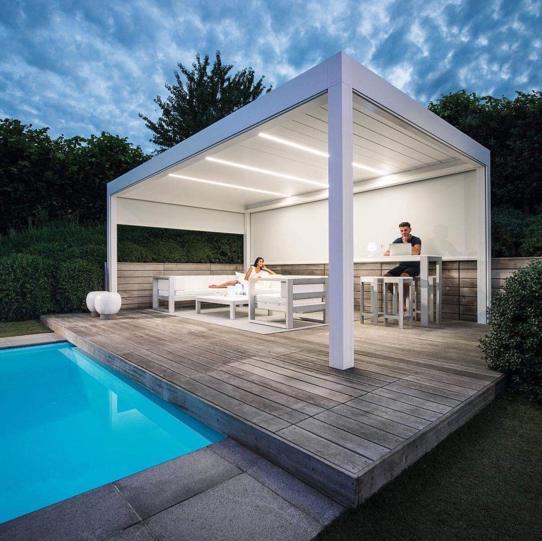 Modern home outdoor view with outdoor roofing solution