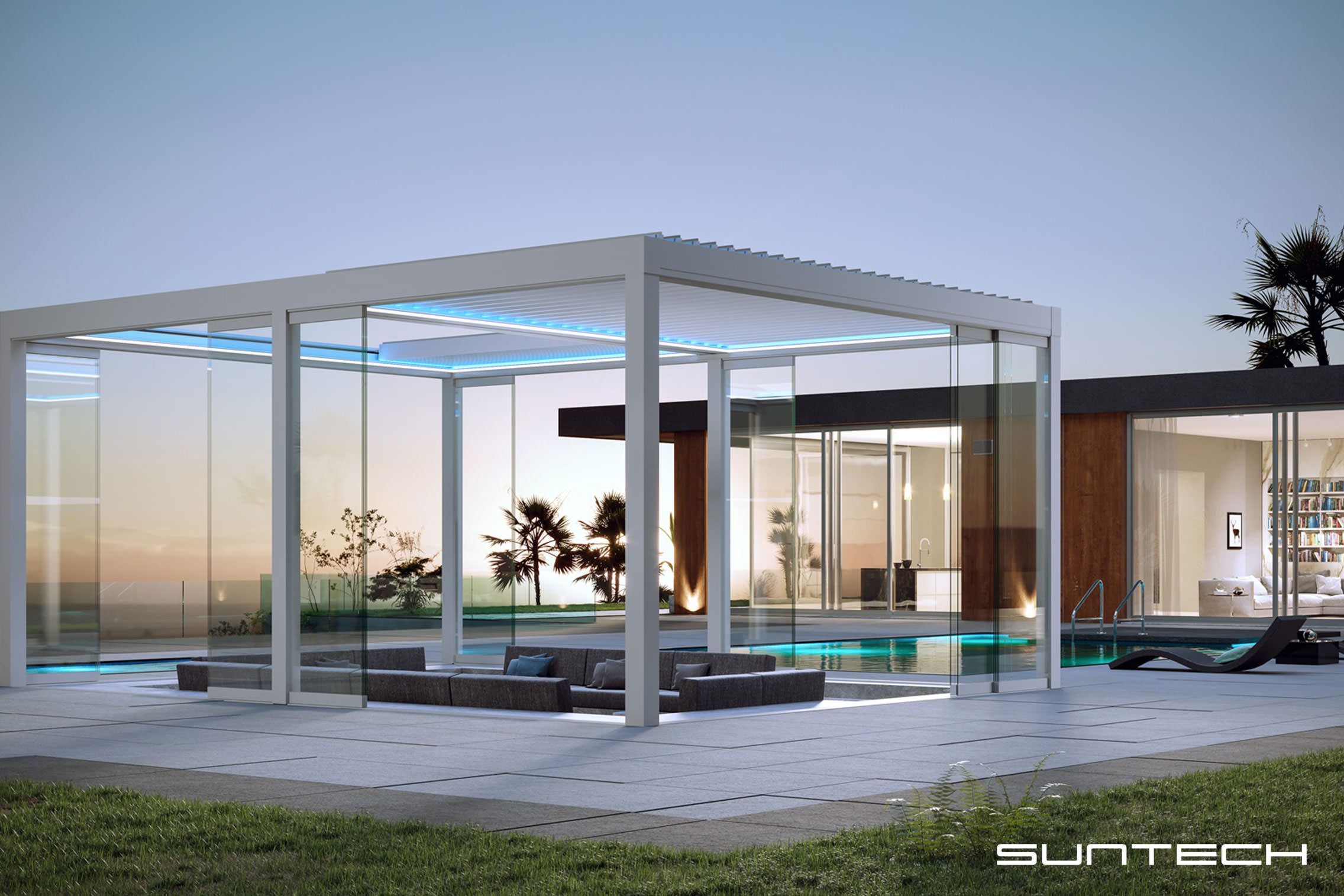 Modern home outdoor view with outdoor roofing solution