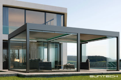 Modern home outdoor view with outdoor roofing solution