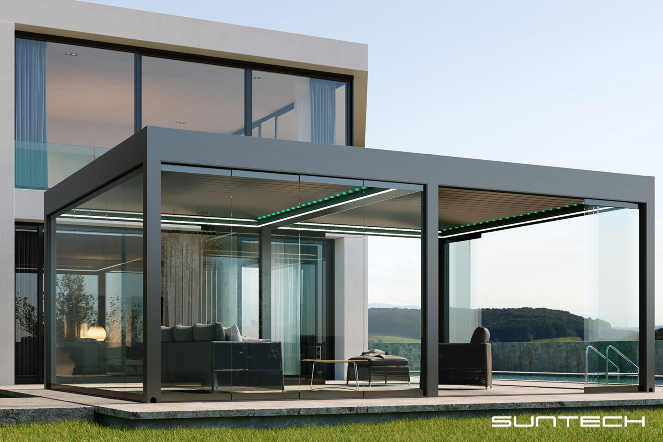 Modern home outdoor view with outdoor roofing solution