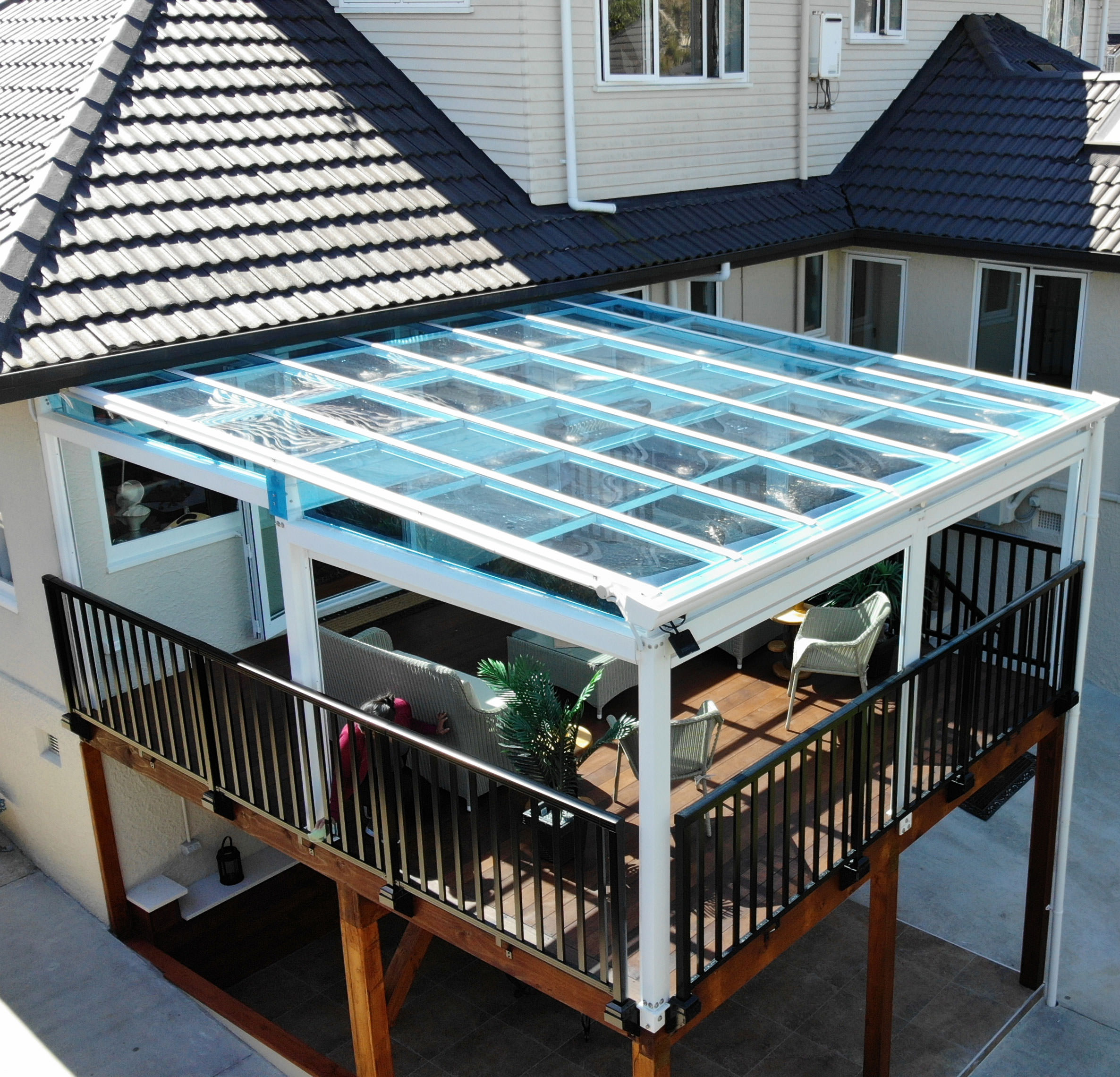 Modern home outdoor view with outdoor roofing solution