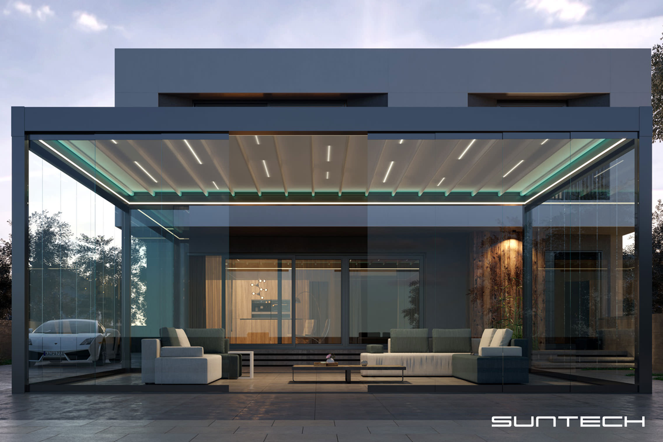 Modern home outdoor view with outdoor roofing solution