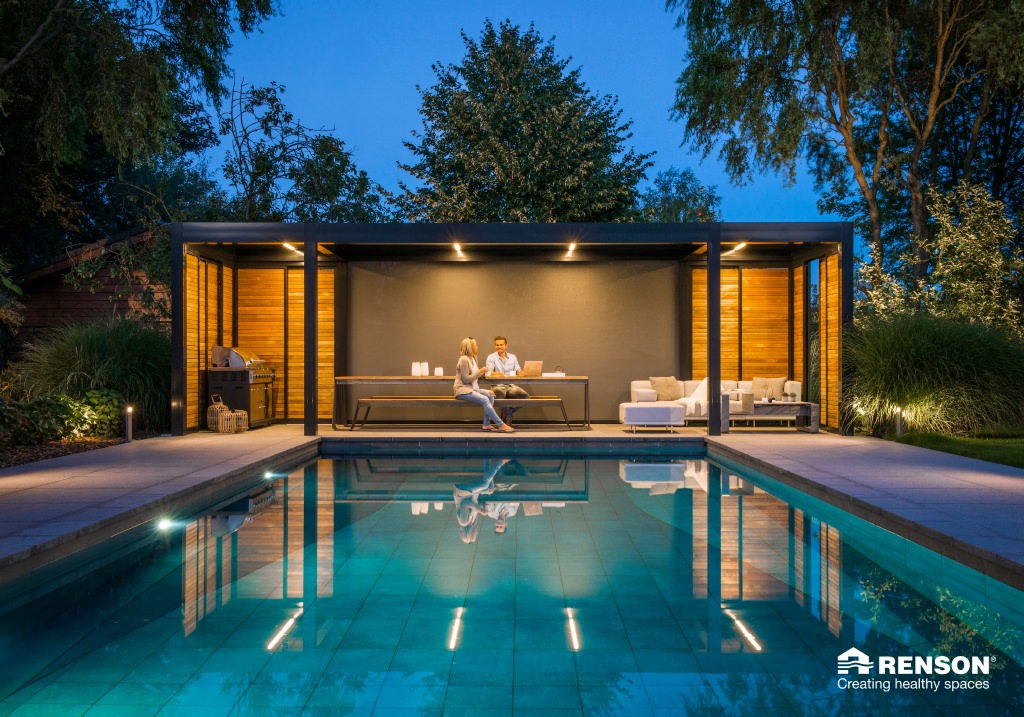 Louvre Outdoor Roofing over outdoor tables next to pool