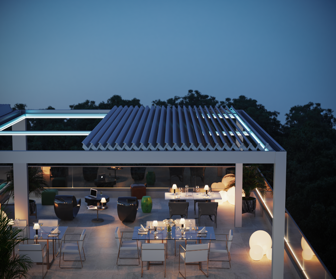 Modern home outdoor view with outdoor roofing solution